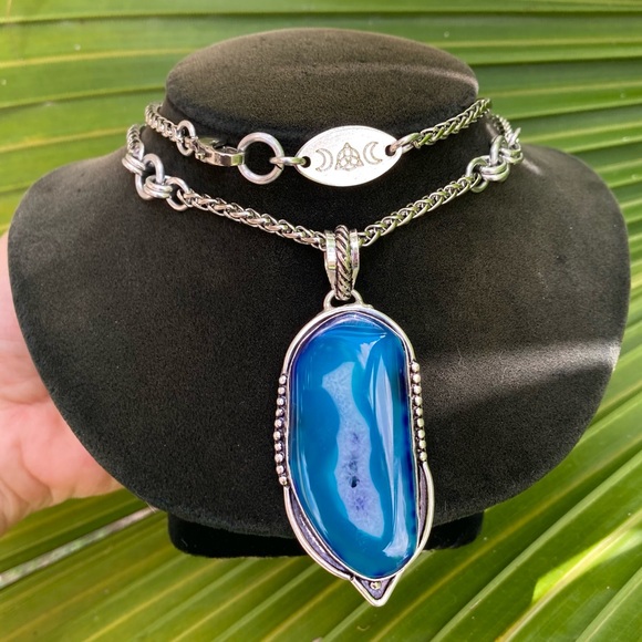 925 sterling silver overlay charm blue geode agate slice gemstone boho necklace - Picture 11 of 15